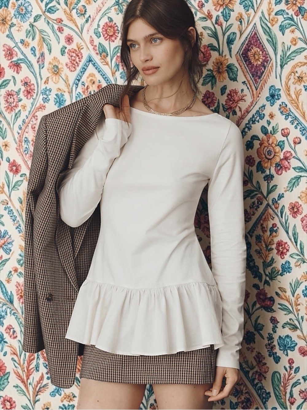Anthropologie Maeve Women’s Long-Sleeve Peplum Tunic Ruffle Hem White Top Small